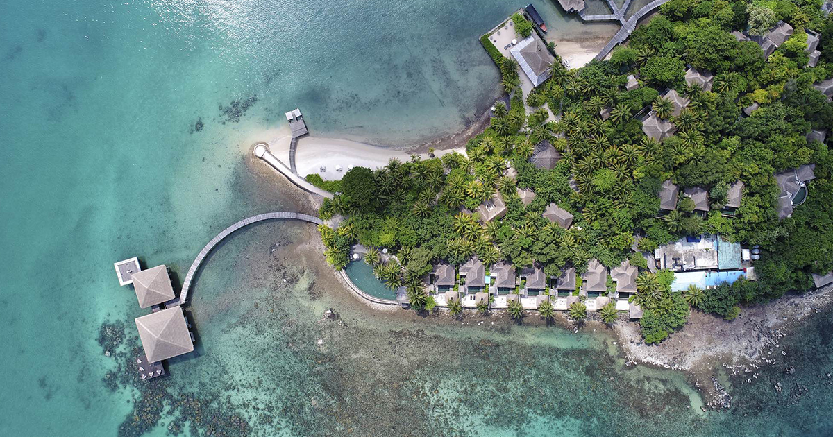 Top-down view of Song Saa's jetty and beach