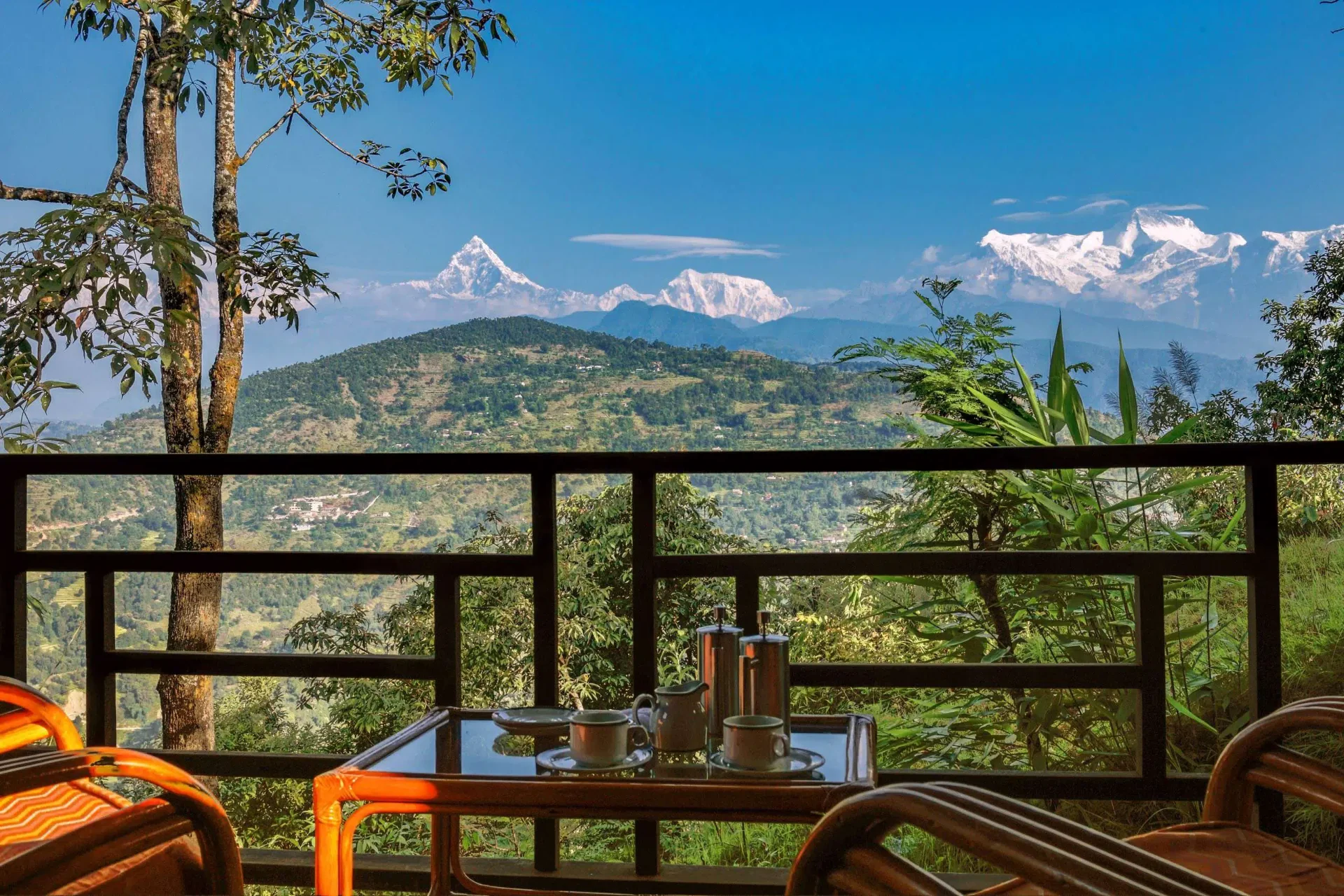 Private verandah with panoramic Himalayan views at Tiger Mountain Pokhara