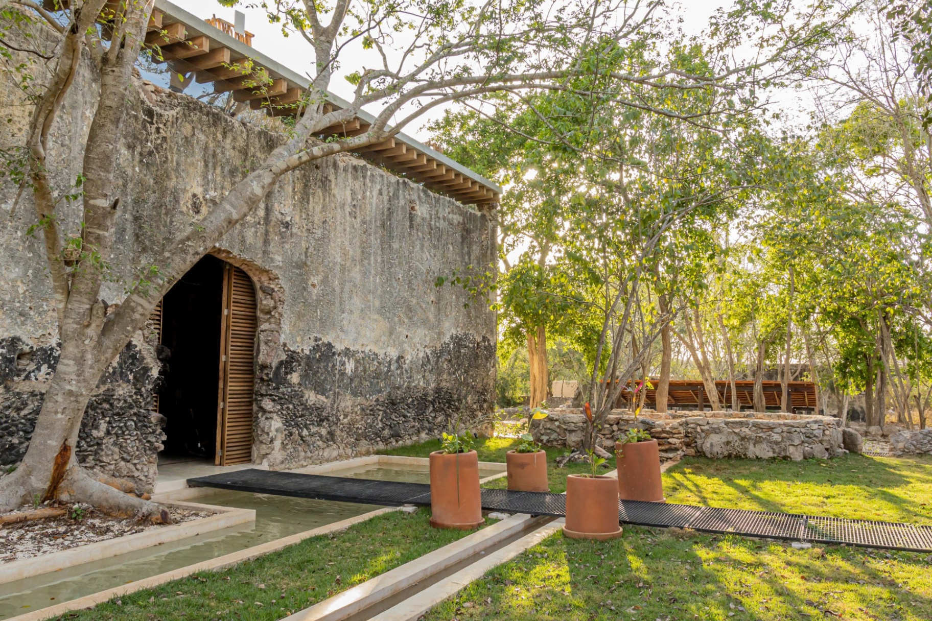 The restored 19th-century chapel — one of the estate's original stone structures preserved through a two-year restoration.